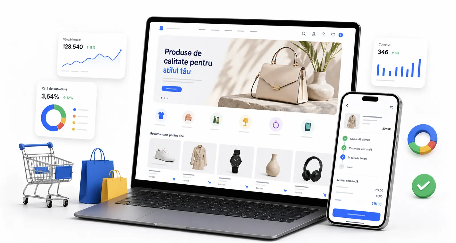 Interfață ecommerce afișată pe laptop și telefon